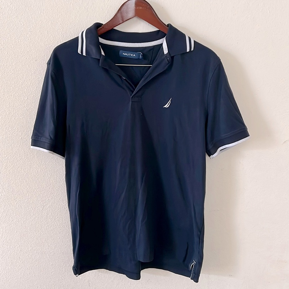 Nautica Polo Blue Nautical Preppy Collared Button Up Sailing Casual